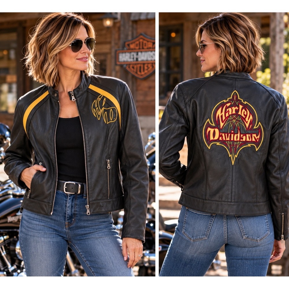 Harley Davidson Women's M Genuine Leather Jacket Black Yellow Embroidered Biker